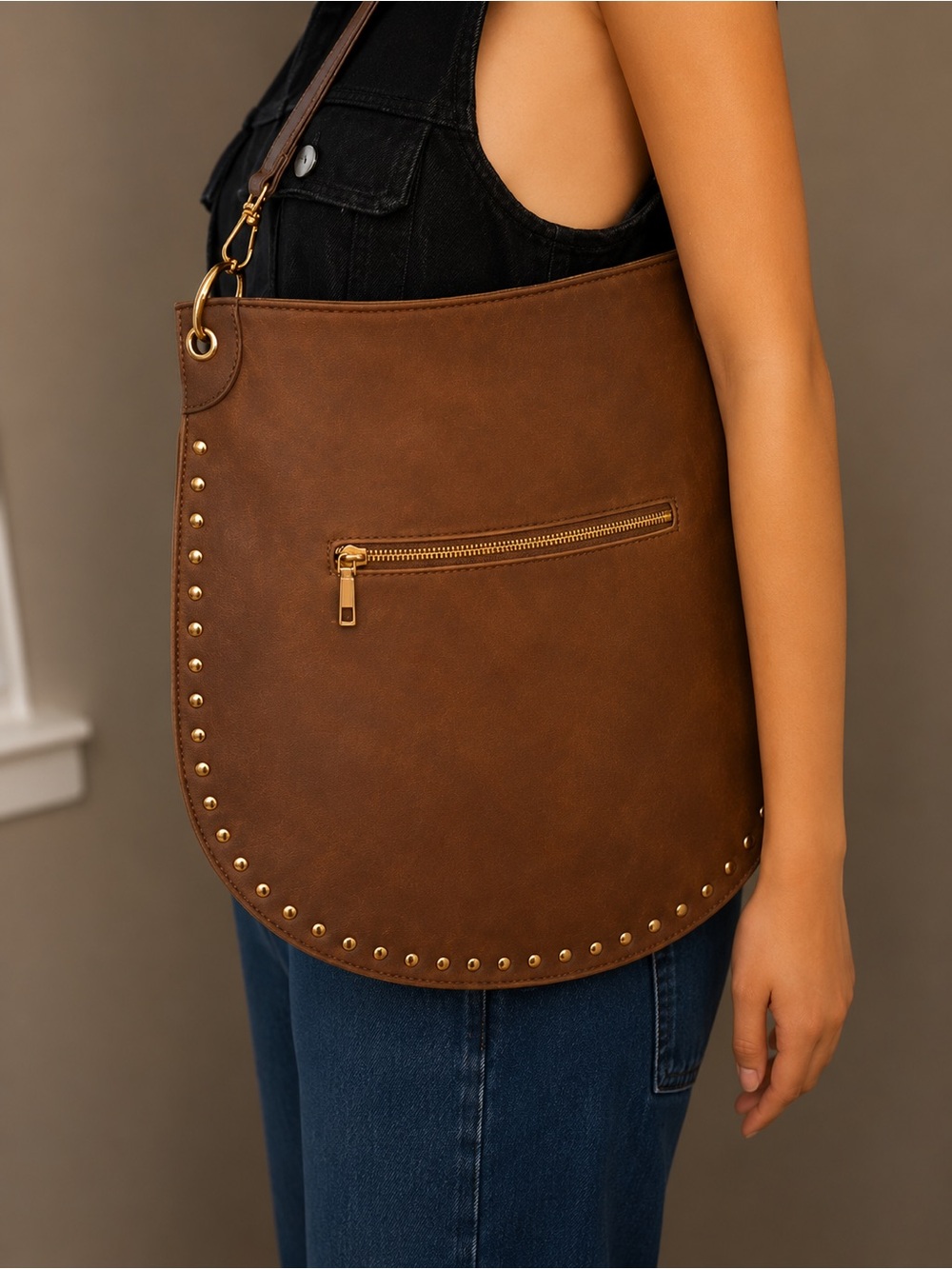 Rivet Suede Hobo Bag-Camel - Picture 2 of 6